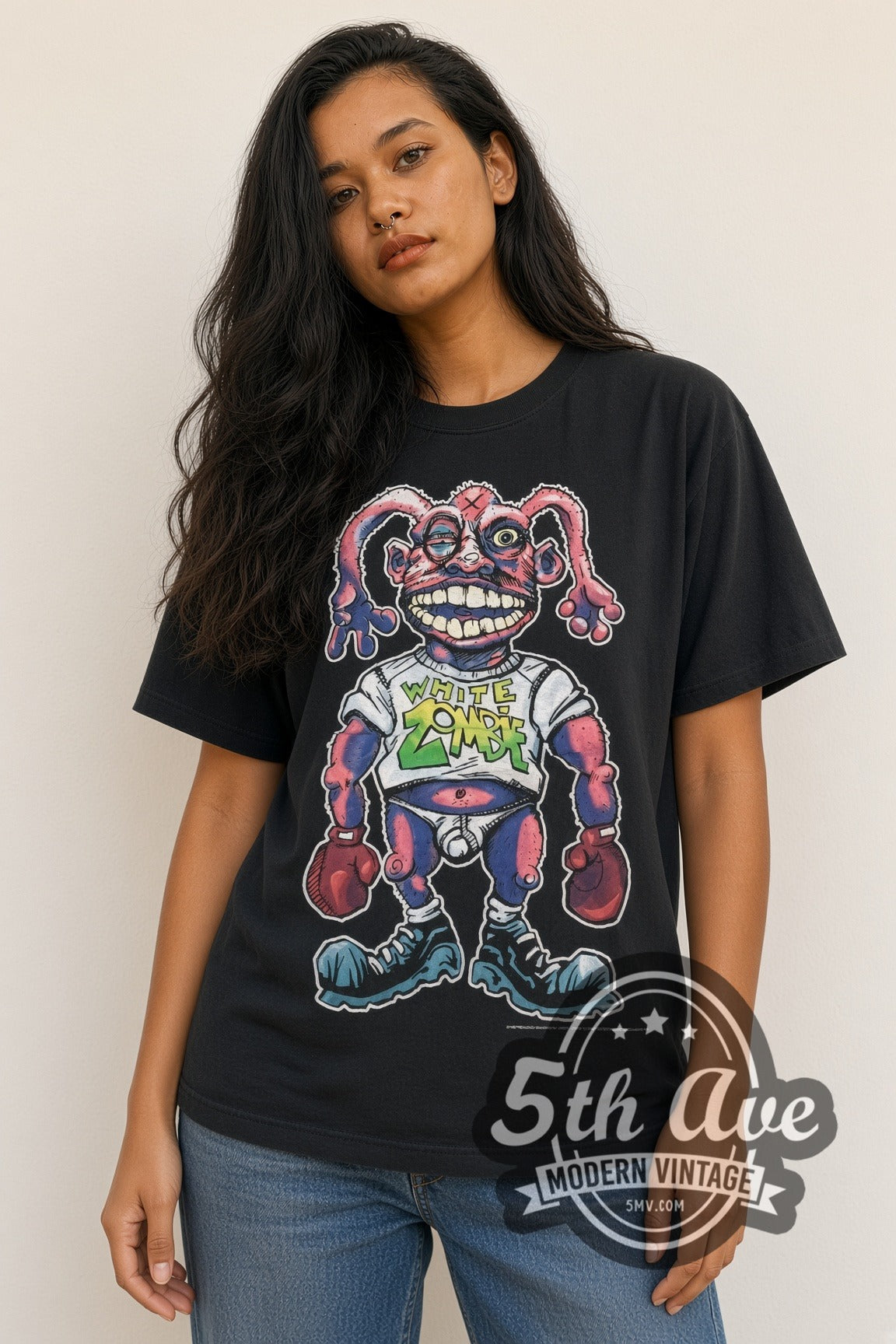 Woman wearing White Zombie boxer More Human Than Human vintage band t-shirt