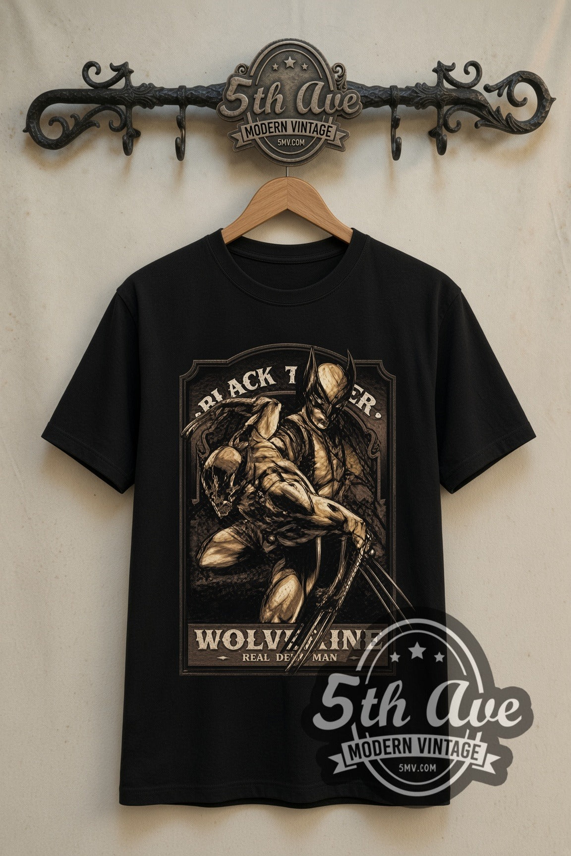 Wolverine Black Timber Claws double stitched black tee front on dark iron 5th Ave rack