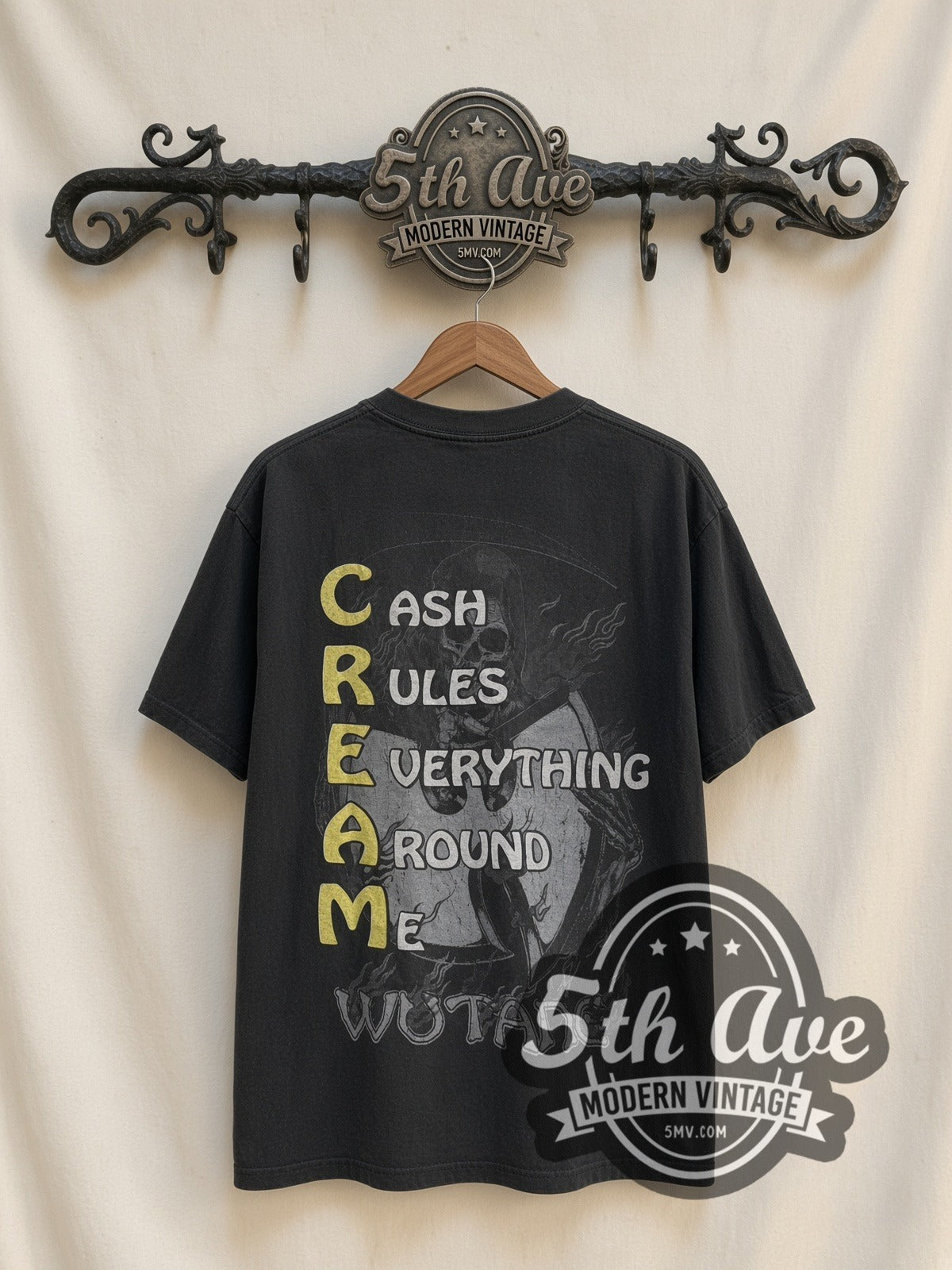 Wu-Tang Clan C.R.E.A.M. Reaper vintage rap tee, back view on a display rack