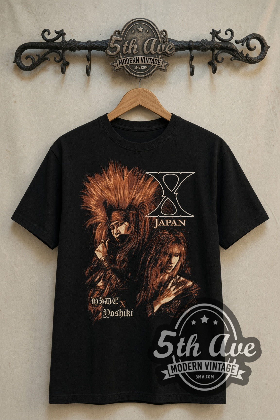 X Japan hide and Yoshiki double stitched black tee front on dark iron 5th Ave rack