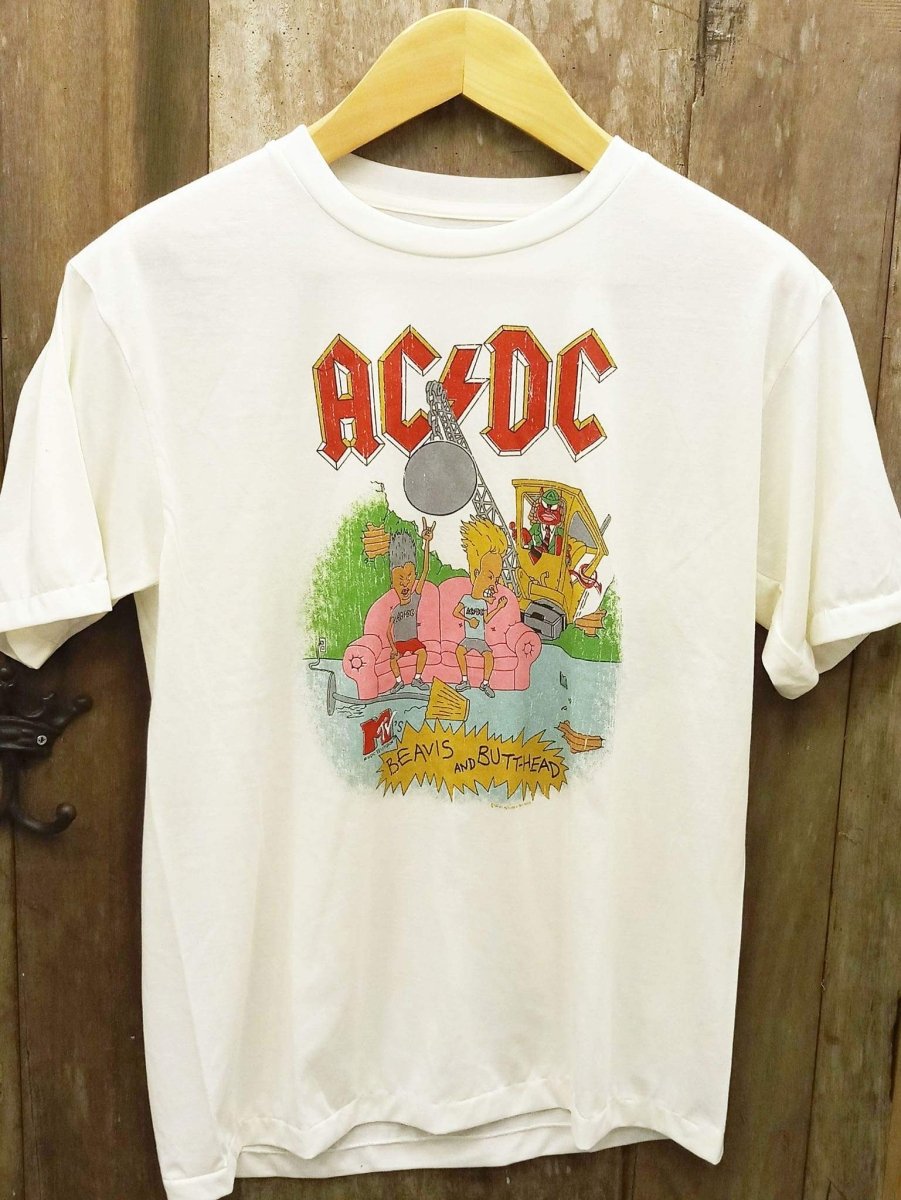 AC/DC x Beavis and Butt-Head: Rockin' Single Stitched White Crew Neck t shirt - Vintage Band Shirts