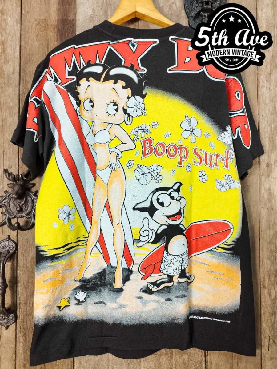 Betty Boop Boop Surf - AOP all over print New Vintage Animation T shirt - Vintage Band Shirts