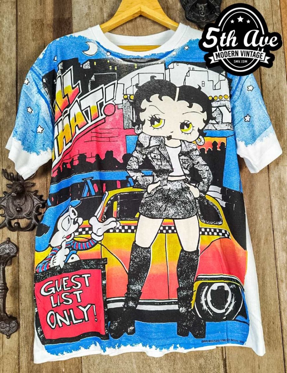 Betty Boop Guest List Only - AOP all over print New Vintage Animation T shirt - Vintage Band Shirts