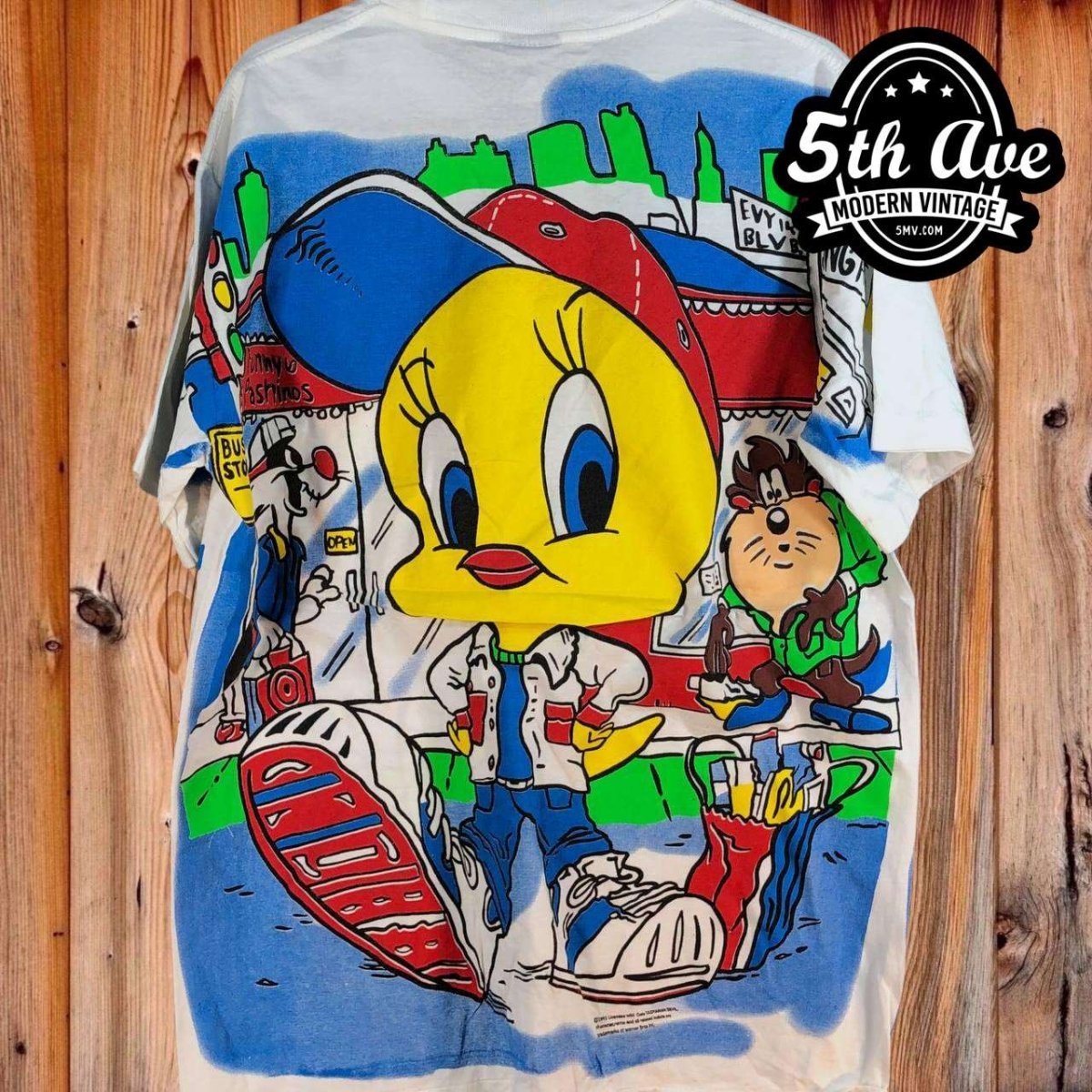 Looney Tunes Squad: Tweety, Taz, and Sylvester on a Single Stitch White t shirt with Giant Tag - Vintage Band Shirts