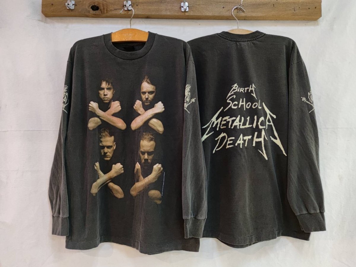 Metallica Birth School Metallica Death Distressed Long Sleeve T-Shirt with Iconic Band Pose - Vintage Band Shirts