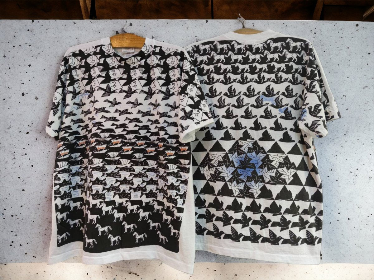 Surreal MC Escher Overprint T-Shirt: Birds-to-Planes-to-Ducks Transformation on Ultra-Comfortable 100% Cotton - Vintage Band Shirts
