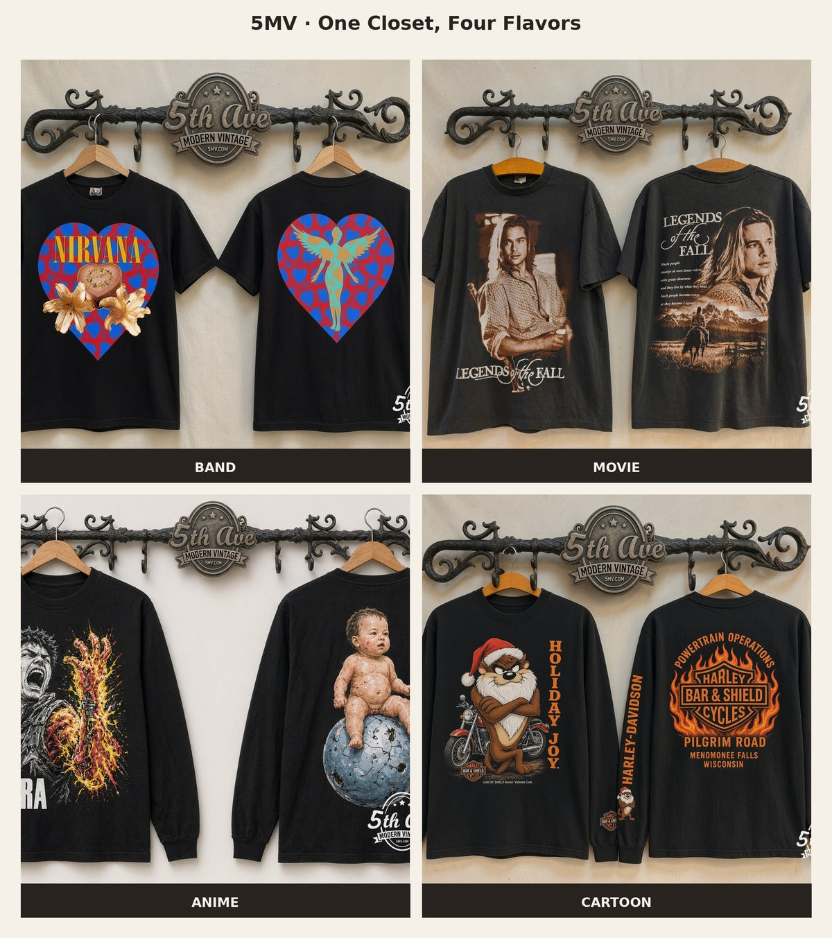 2x2 grid of 5MV vintage-style tees: band, movie, anime, and cartoon on cream racks