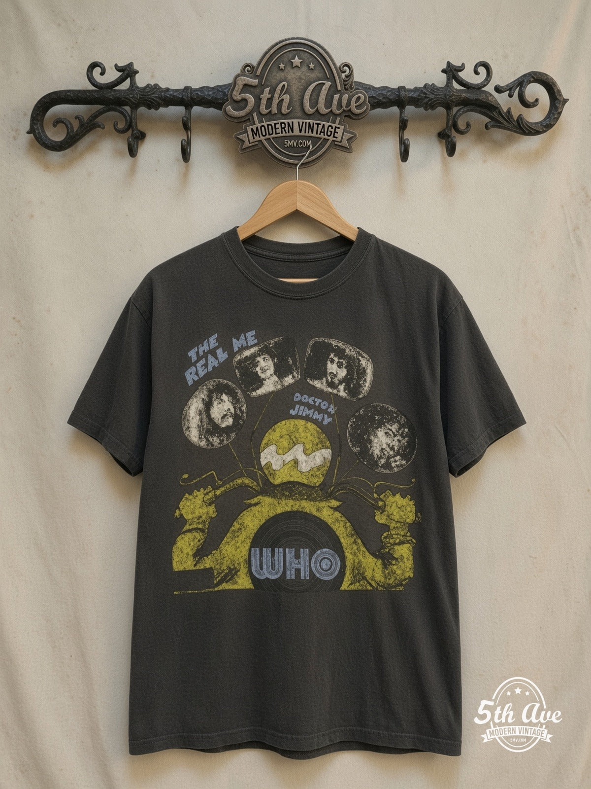 The Who vintage band t-shirt, front view on a display rack
