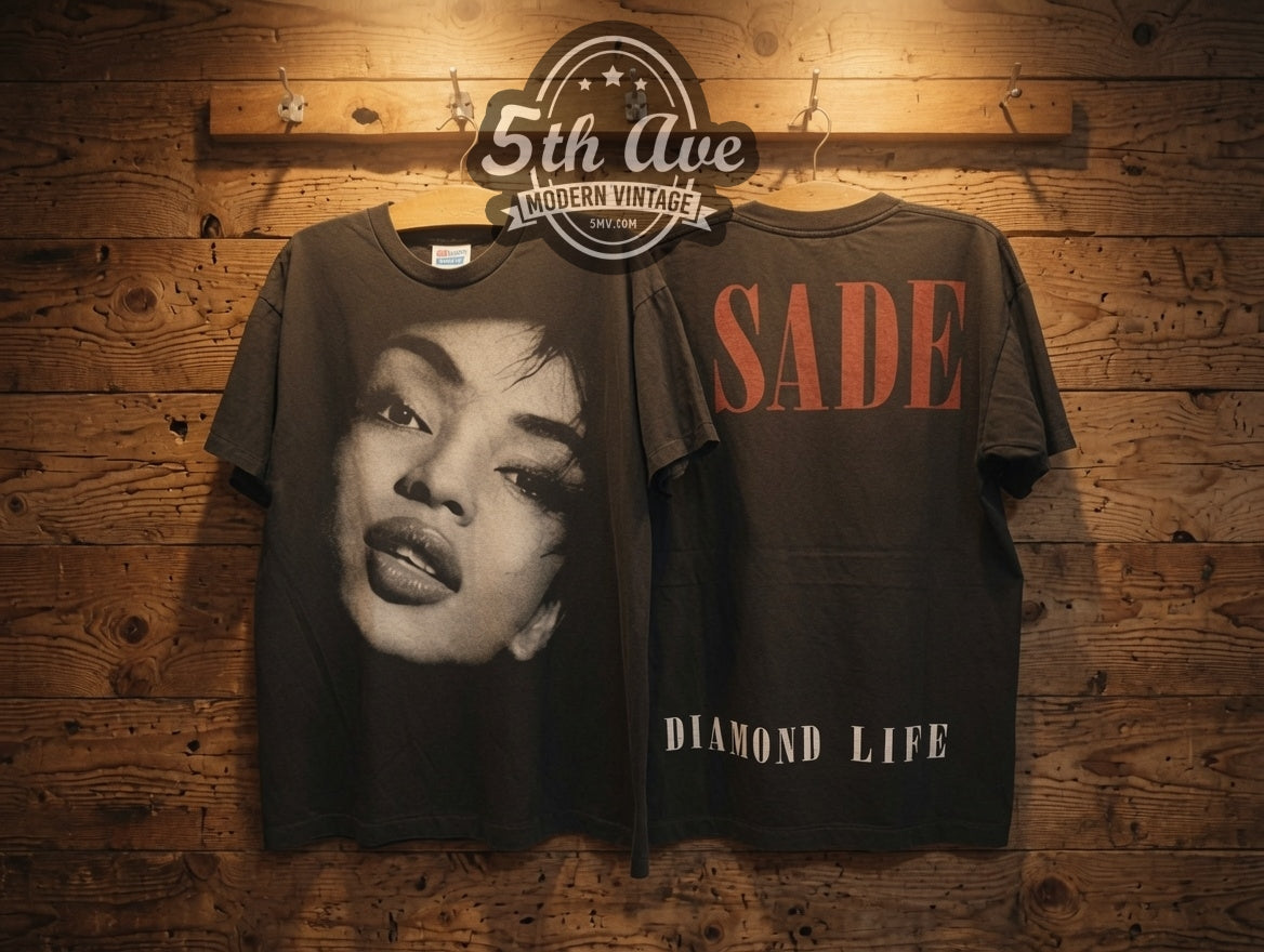 Single stitch hem detail on a vintage-style band t-shirt at 5MV