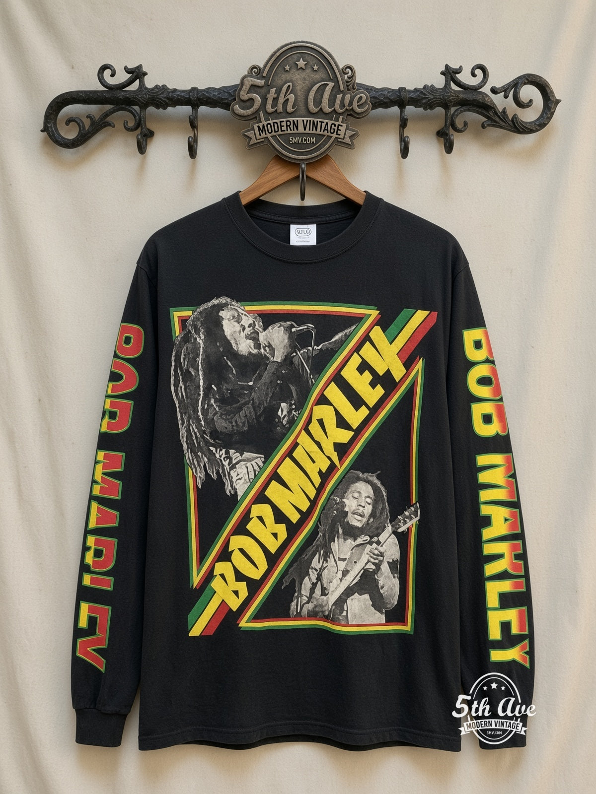 ETS LS 01 Bob Marley Diagonal Photos long sleeve vintage tee on rack, front