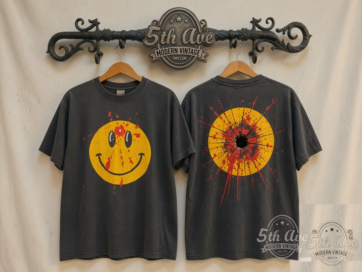 Smiley Face Bullet Hole vintage band t-shirt front and back on rack