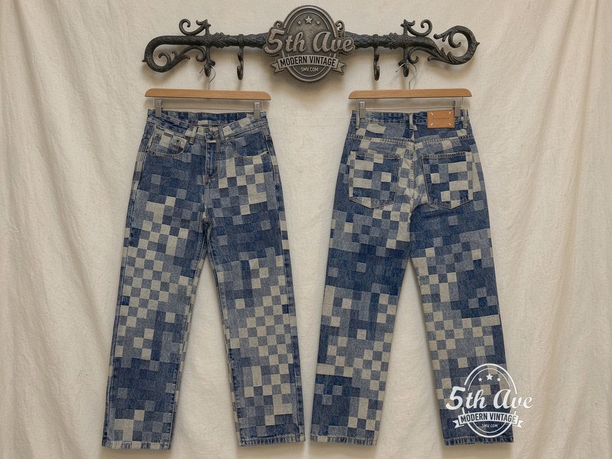 Pixel Checkerboard Denim Jeans front and back on rack