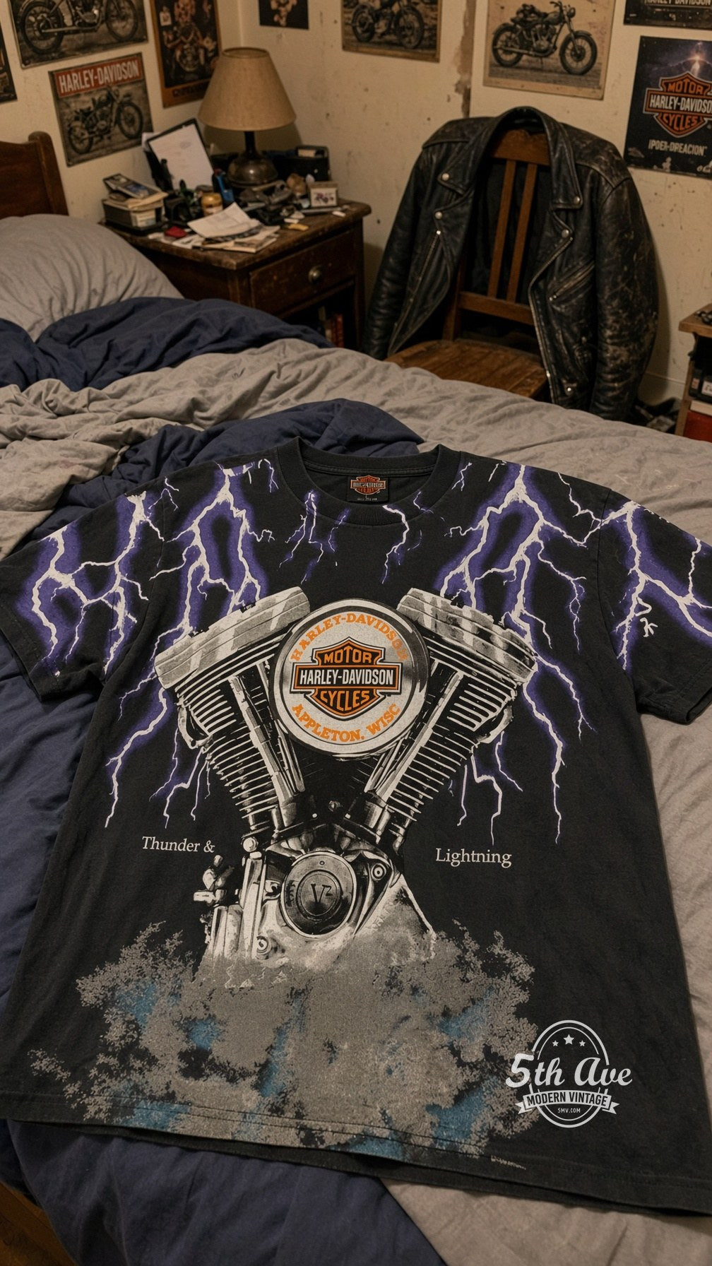 Harley-Davidson vintage band t-shirt on bed