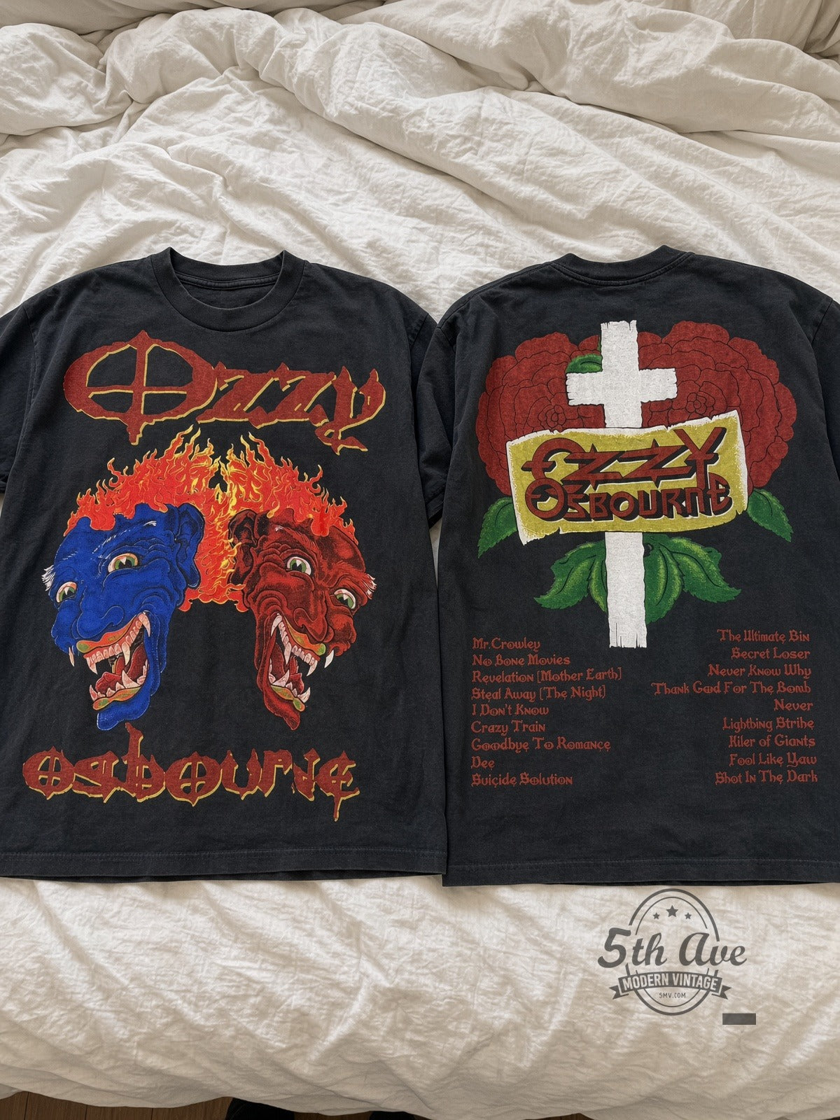 Ozzy Osbourne – Flaming Faces vintage t-shirt laid on bed
