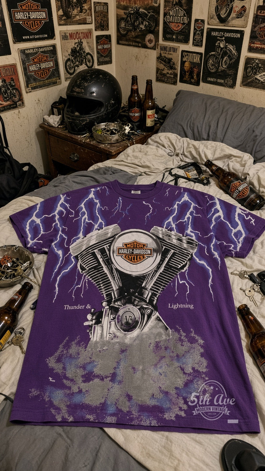Harley-Davidson vintage band t-shirt on bed