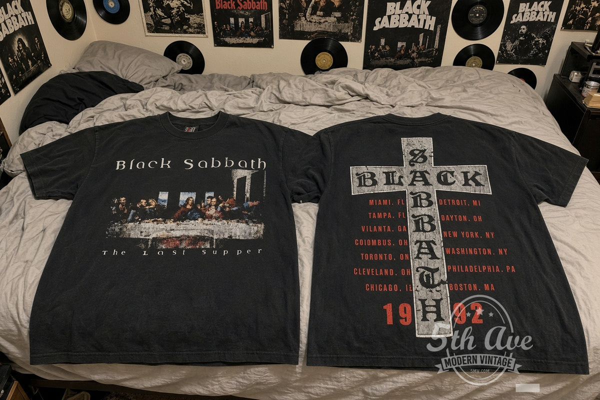 Black Sabbath – The Last Supper 1992 vintage t-shirt laid on bed