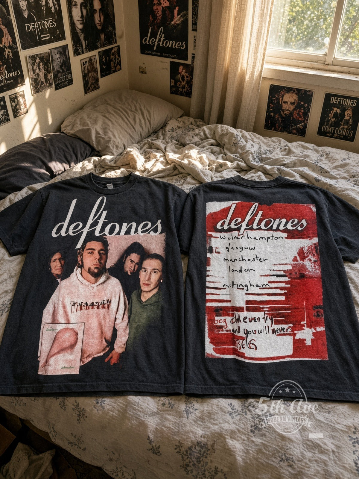Deftones vintage band t-shirt on bed
