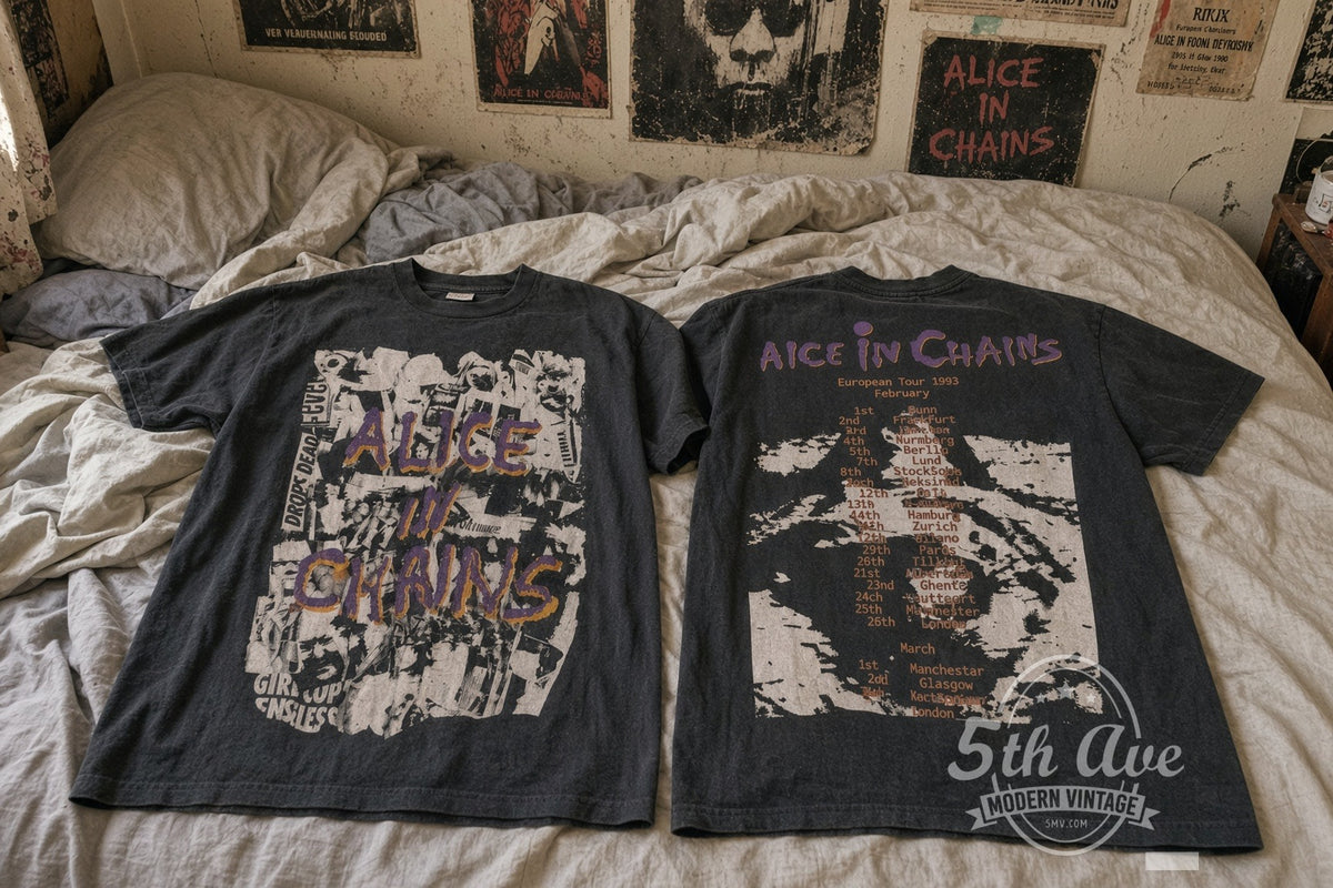 Alice In Chains – European Tour 1993 vintage t-shirt laid on bed