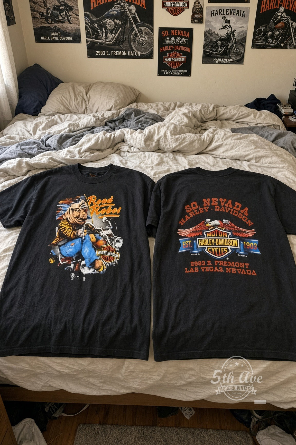 Harley-Davidson – Road Rebel So. Nevada – Vintage Graphic Tee vintage t-shirt laid on bed