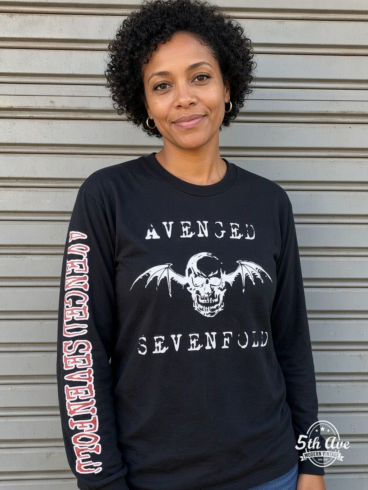 ETS LS 02 Avenged Sevenfold Deathbat Logo long sleeve vintage tee worn by a model