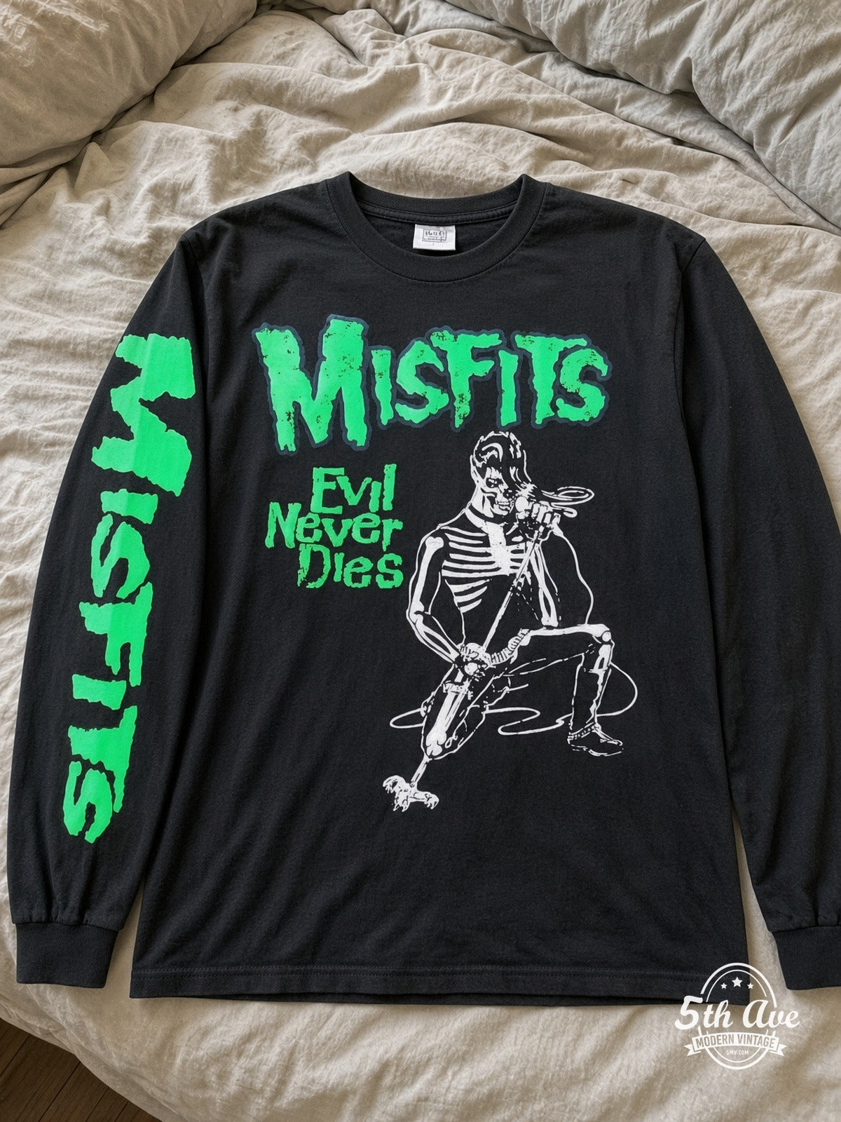 ETS LS 03 Misfits Evil Never Dies Skeleton long sleeve vintage tee laid on a bed