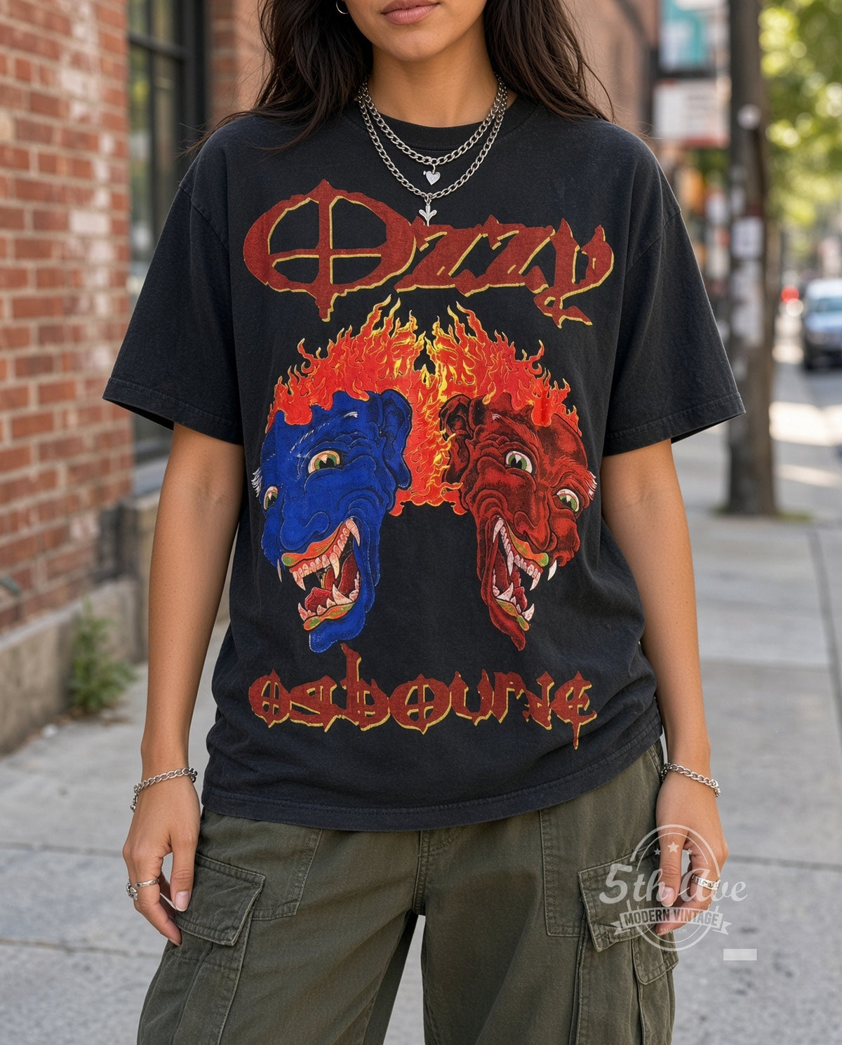 Model wearing Ozzy Osbourne – Flaming Faces vintage band tee