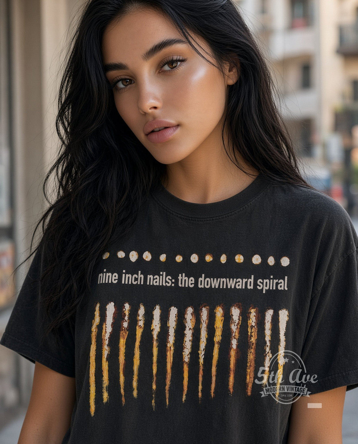 Model wearing Nine Inch Nails – The Downward Spiral vintage band tee