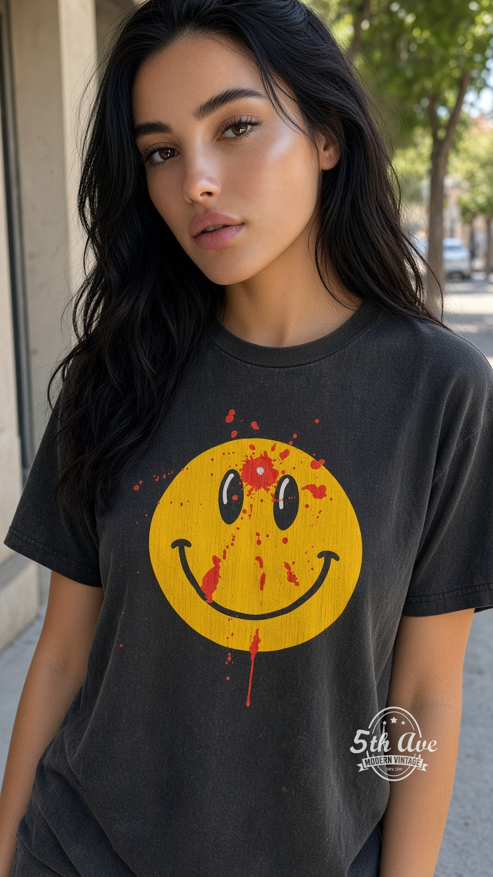 Model wearing Smiley Face Bullet Hole vintage band t-shirt