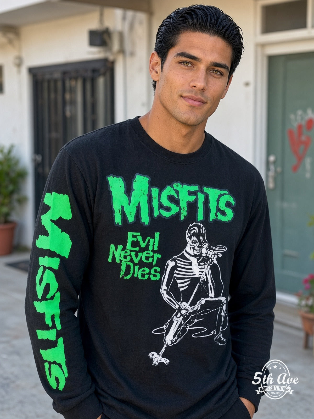 ETS LS 03 Misfits Evil Never Dies Skeleton long sleeve vintage tee worn by a model
