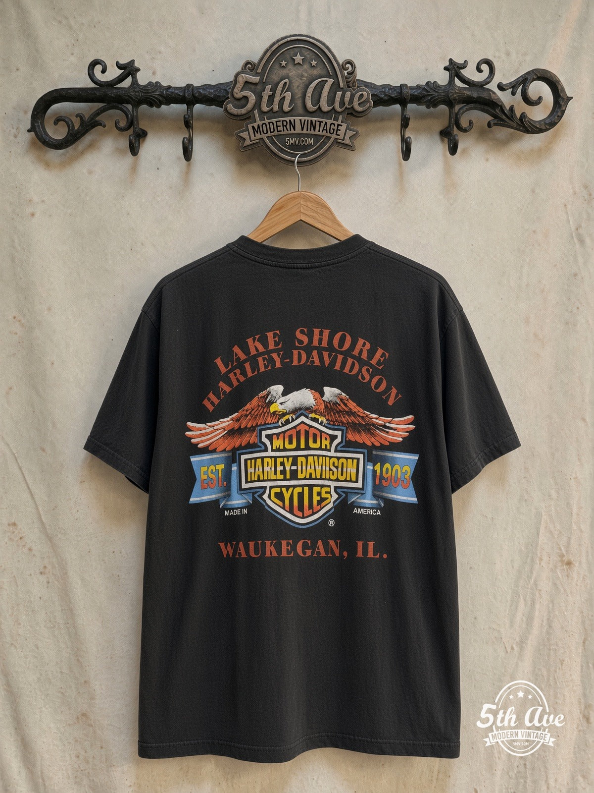 Harley-Davidson Bad to the Bone Lake Shore Waukegan IL vintage t-shirt back on rack
