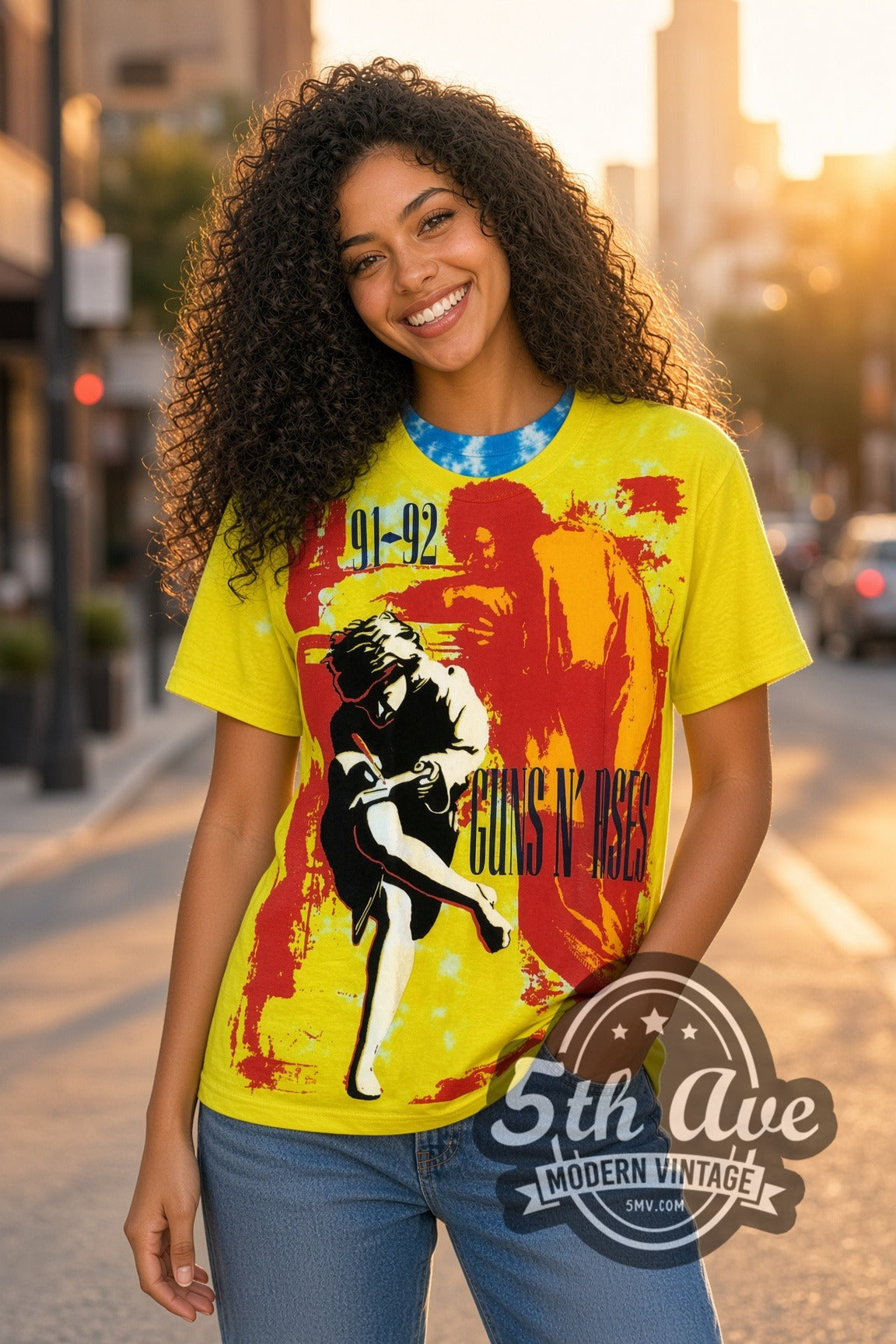 Model wearing the Guns N' Roses Use Your Illusion Tour yellow all-over-print band t-shirt