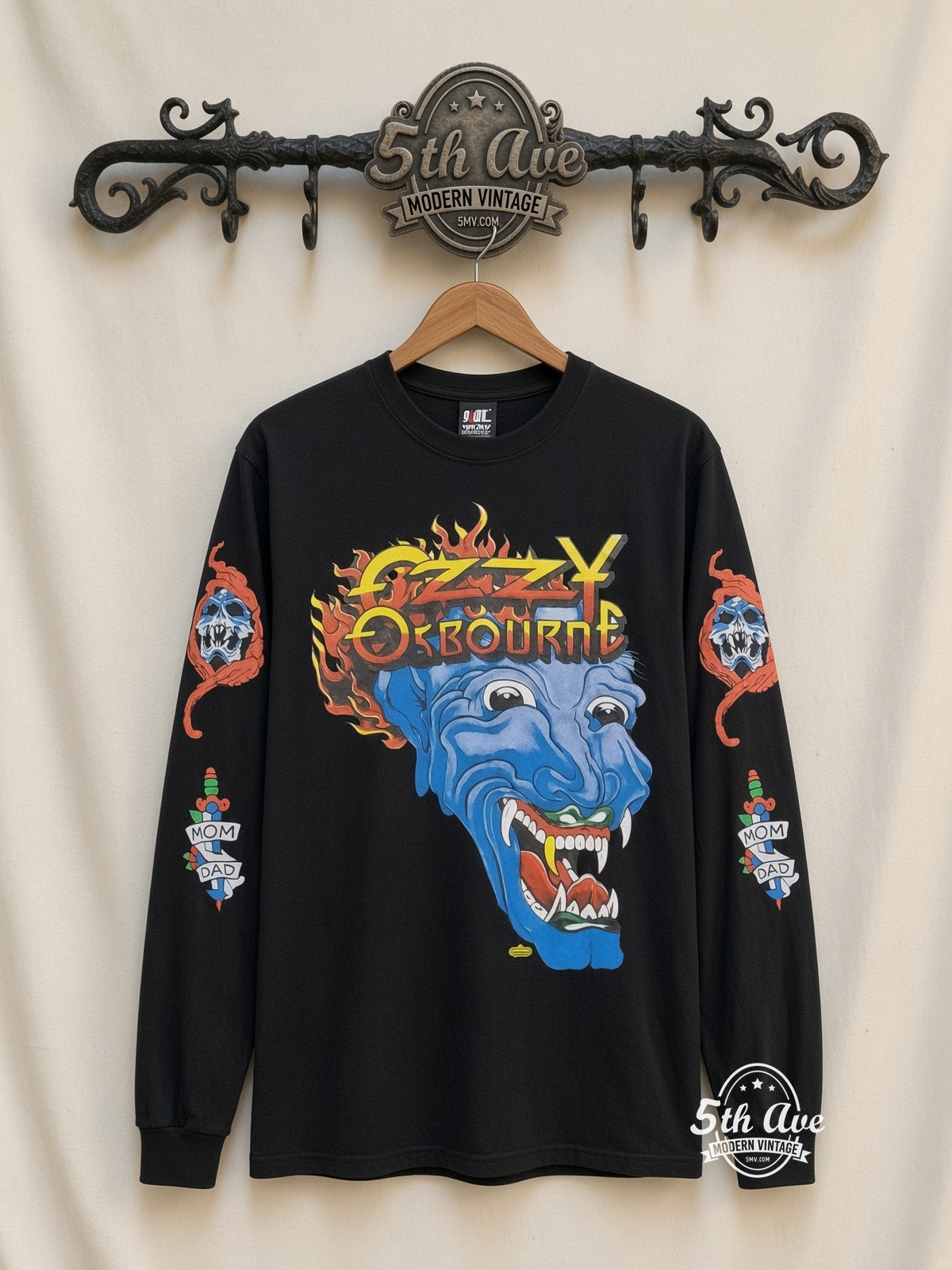 ETS LS 04 Ozzy Osbourne Flaming Blue Demon long sleeve vintage tee on rack, front
