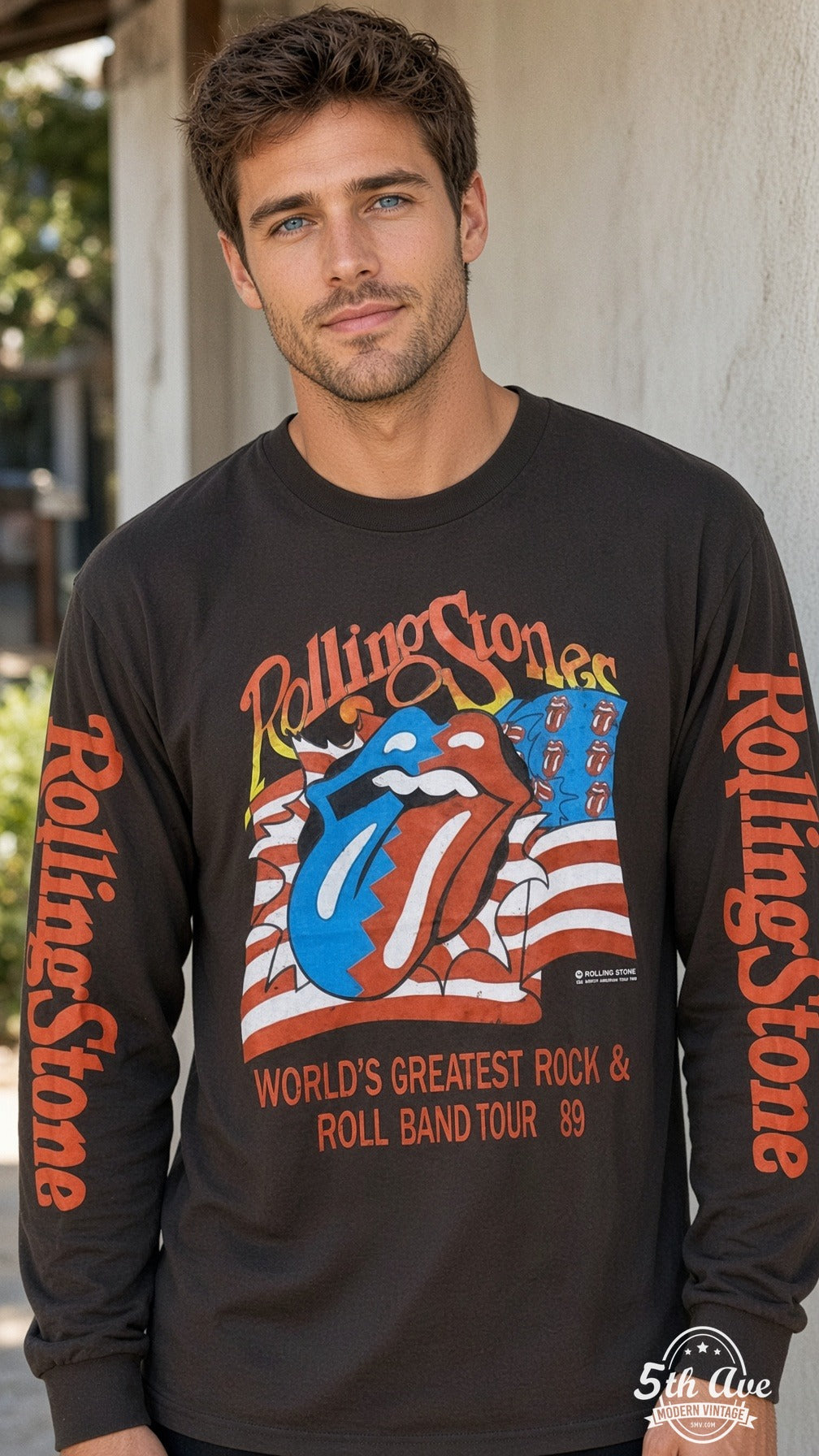 ETS LS 05 The Rolling Stones World's Greatest Rock and Roll Band Tour 89 long sleeve vintage tee worn by a model