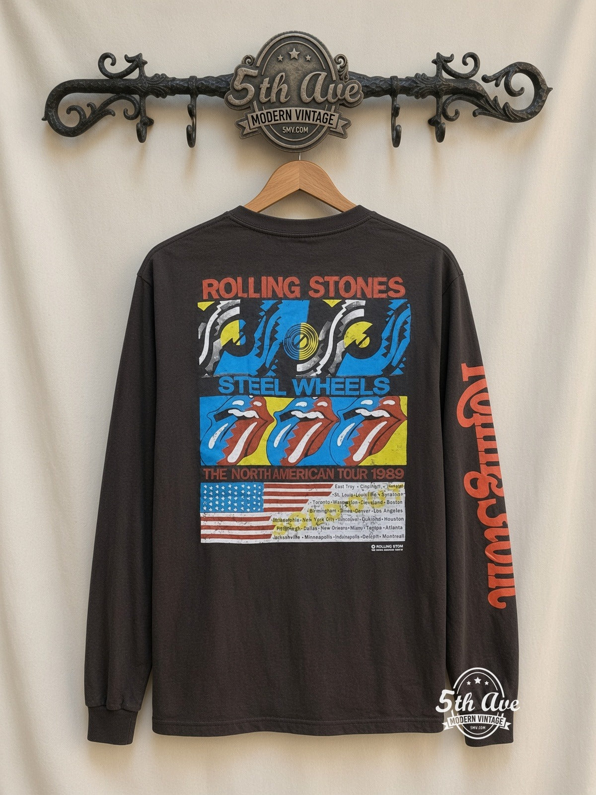 ETS LS 05 The Rolling Stones World's Greatest Rock and Roll Band Tour 89 long sleeve vintage tee on rack, back