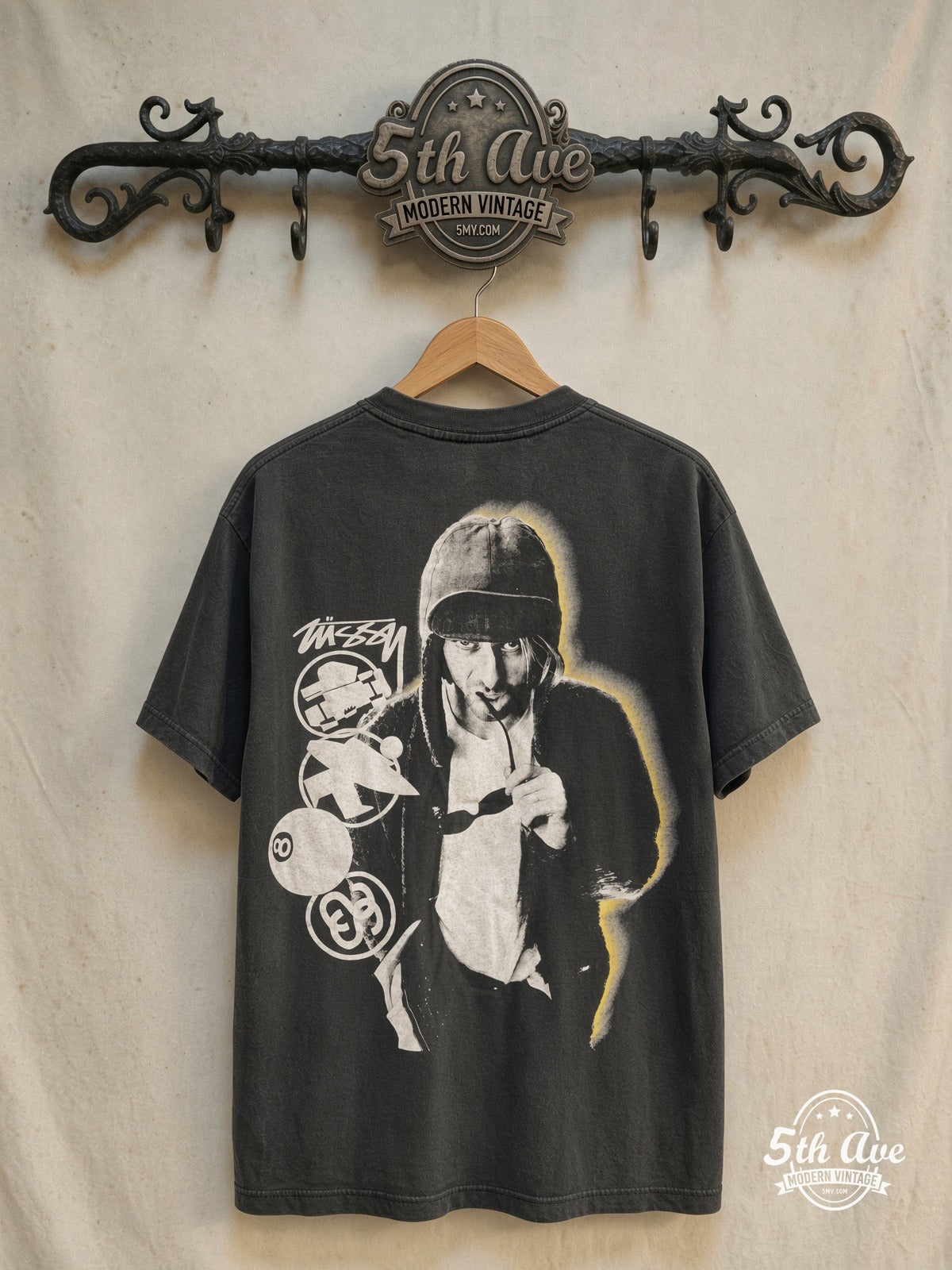 Kurt Cobain Stüssy Halo Quote vintage t-shirt back on rack