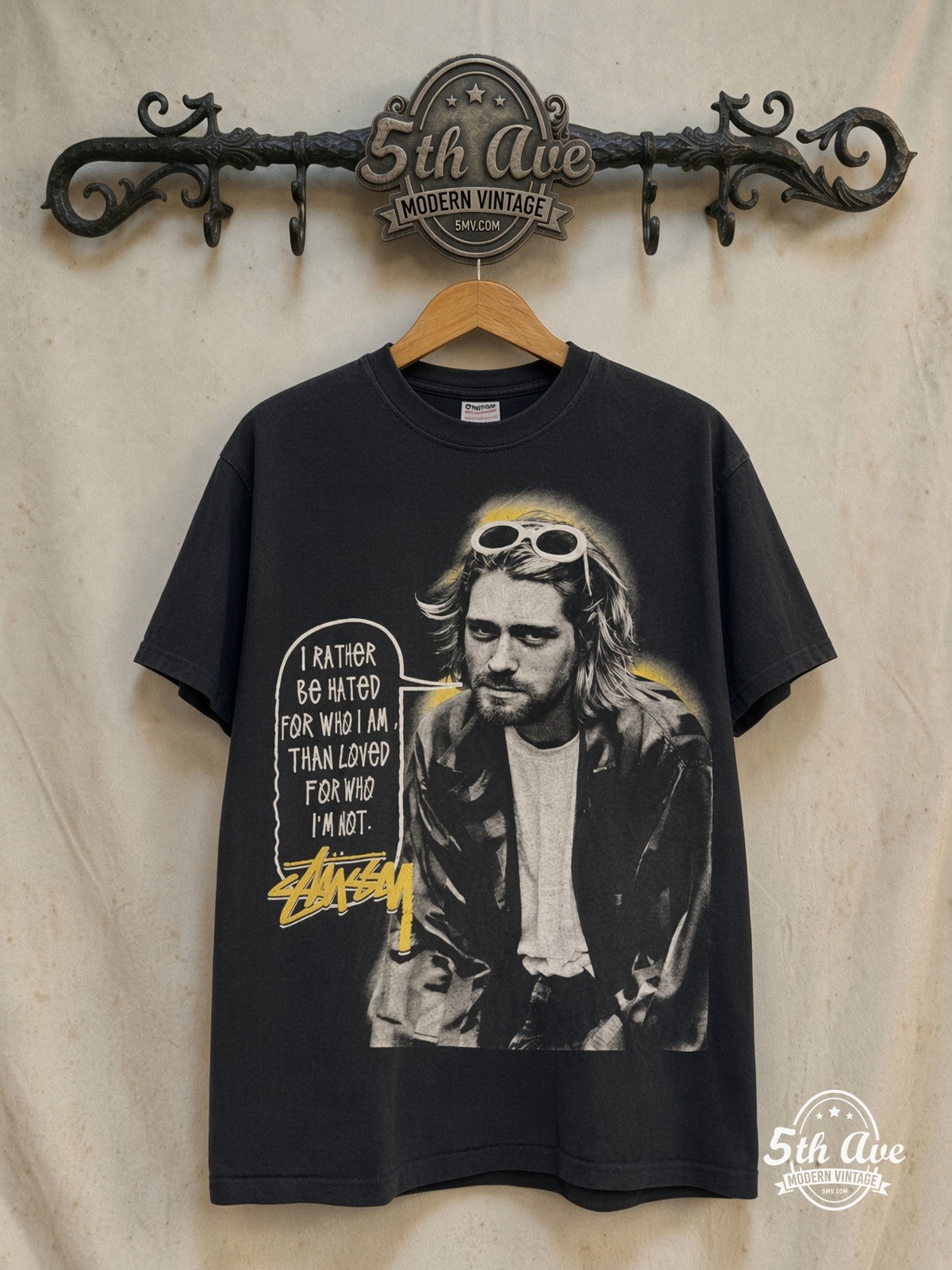 Kurt Cobain Stüssy Halo Quote vintage band t-shirt on rack