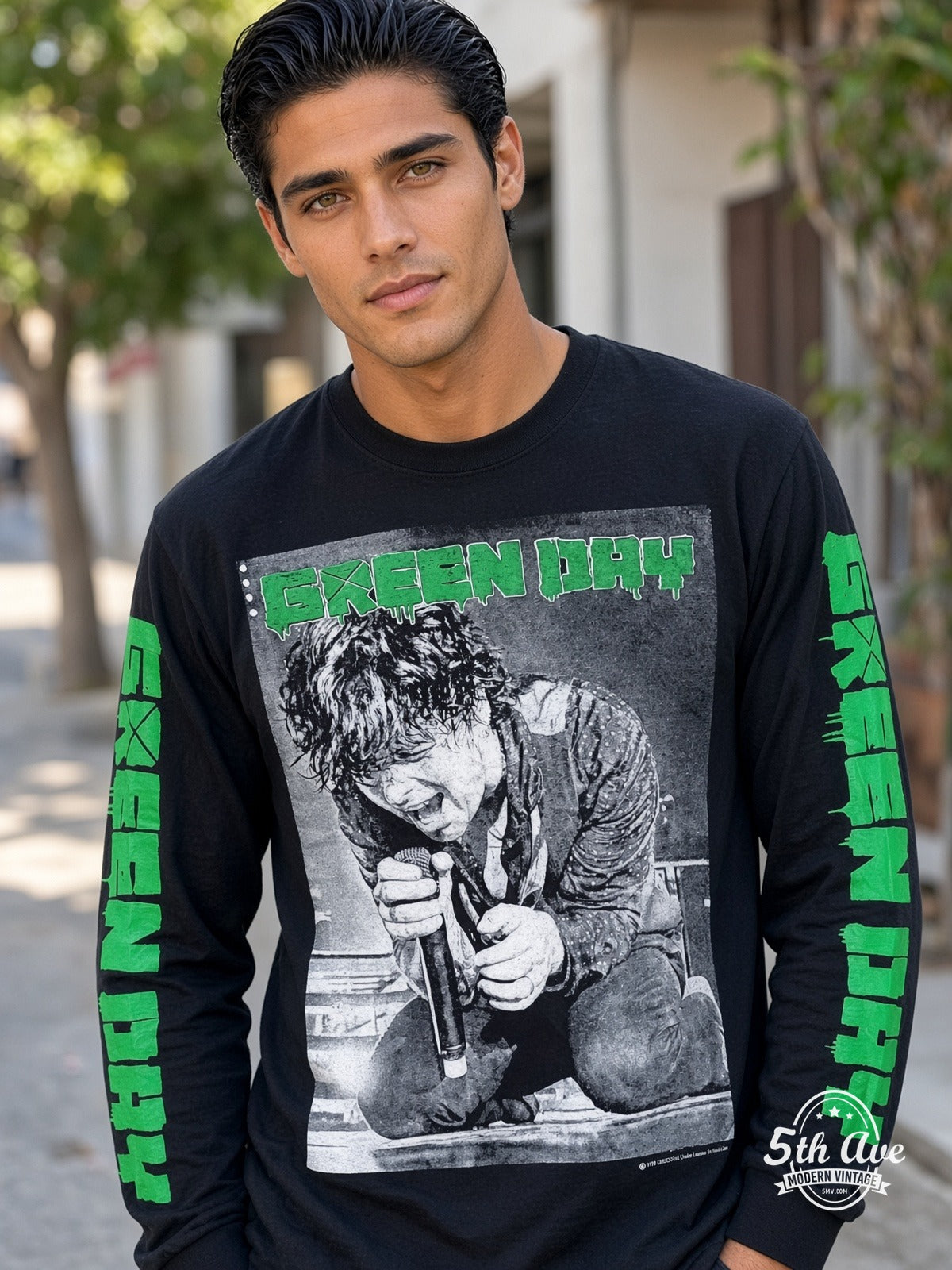 ETS LS 06 Green Day Kneeling Singer long sleeve vintage tee worn by a model