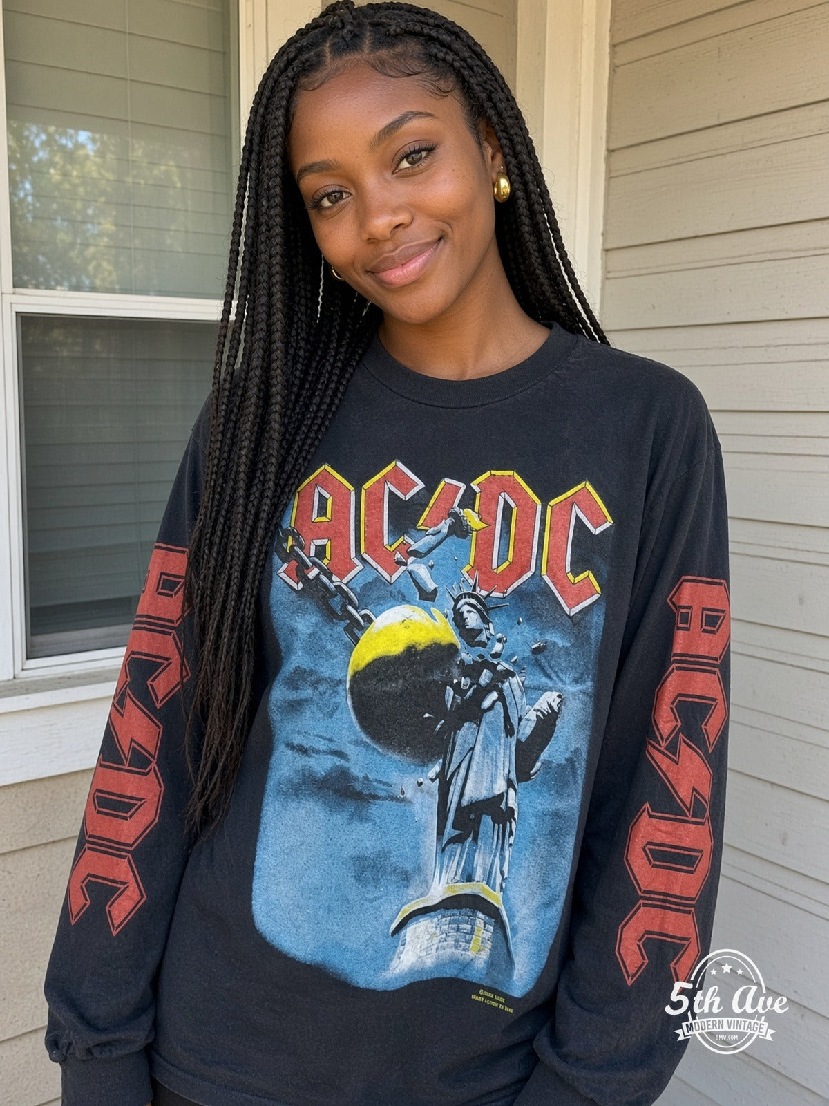 ETS LS 08 AC/DC Wrecking Ball long sleeve vintage tee worn by a model