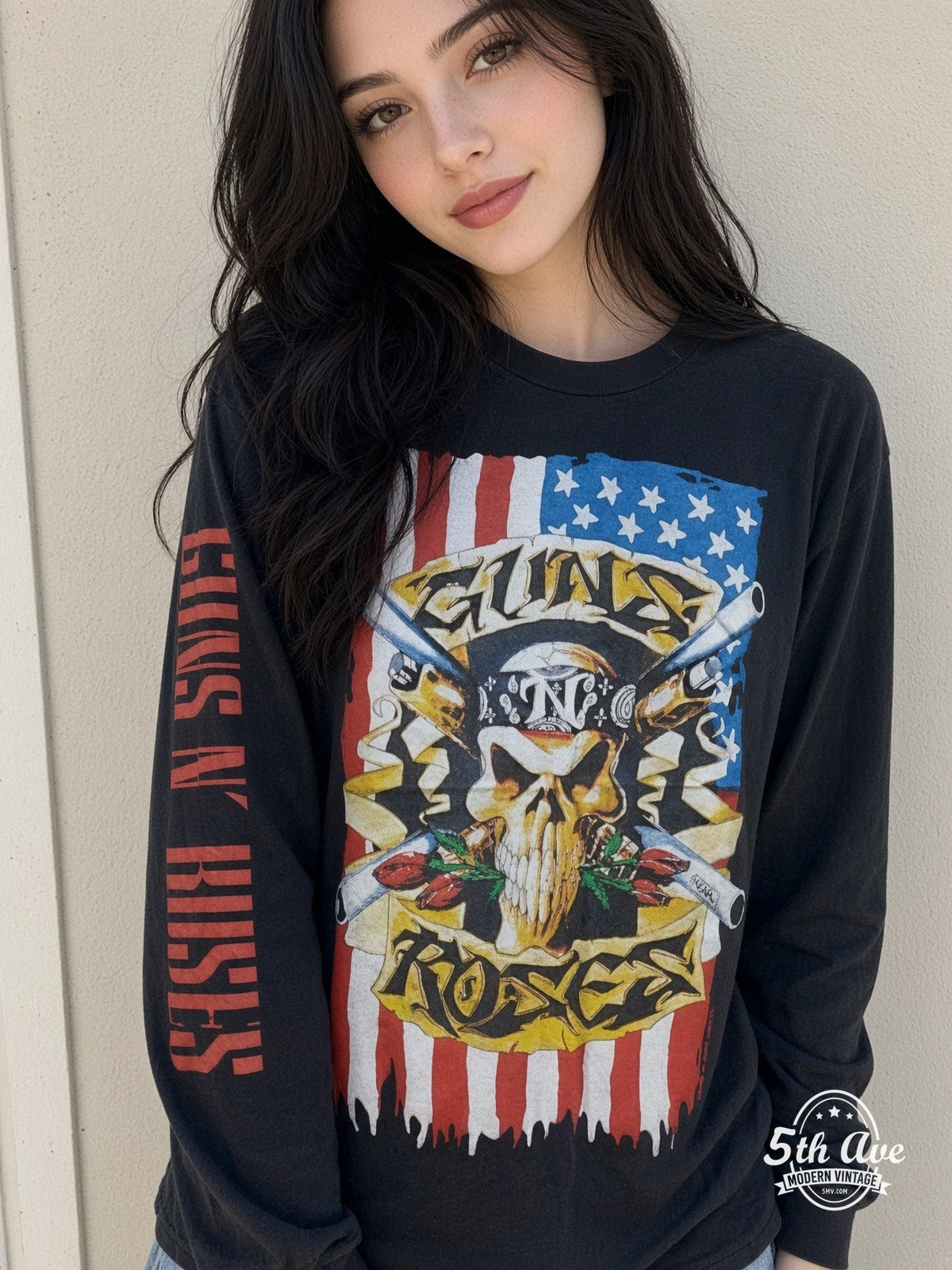 ETS LS 09 Guns N' Roses Skull Crossed Guns Flag long sleeve vintage tee worn by a model