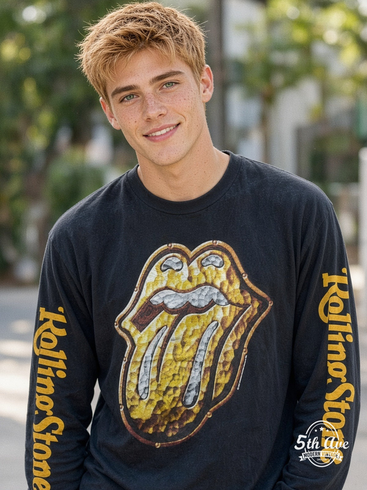 ETS LS 10 The Rolling Stones Gold Tongue long sleeve vintage tee worn by a model