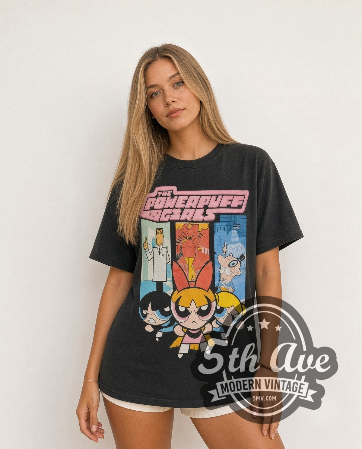 Model wearing The Powerpuff Girls Professor Utonium and the Powerpuff Girls vintage cartoon tee in black