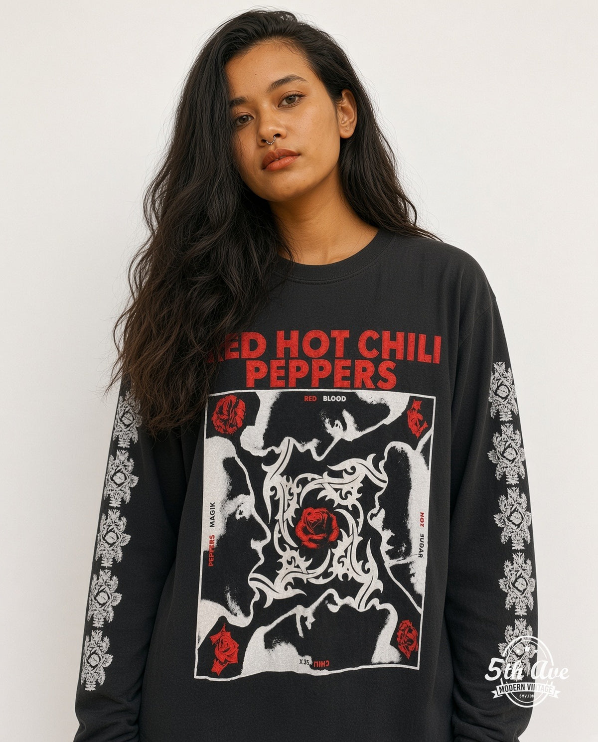 Model wearing the Red Hot Chili Peppers Blood Sugar Sex Magik Tribal Rose Long Sleeve vintage band t-shirt in black
