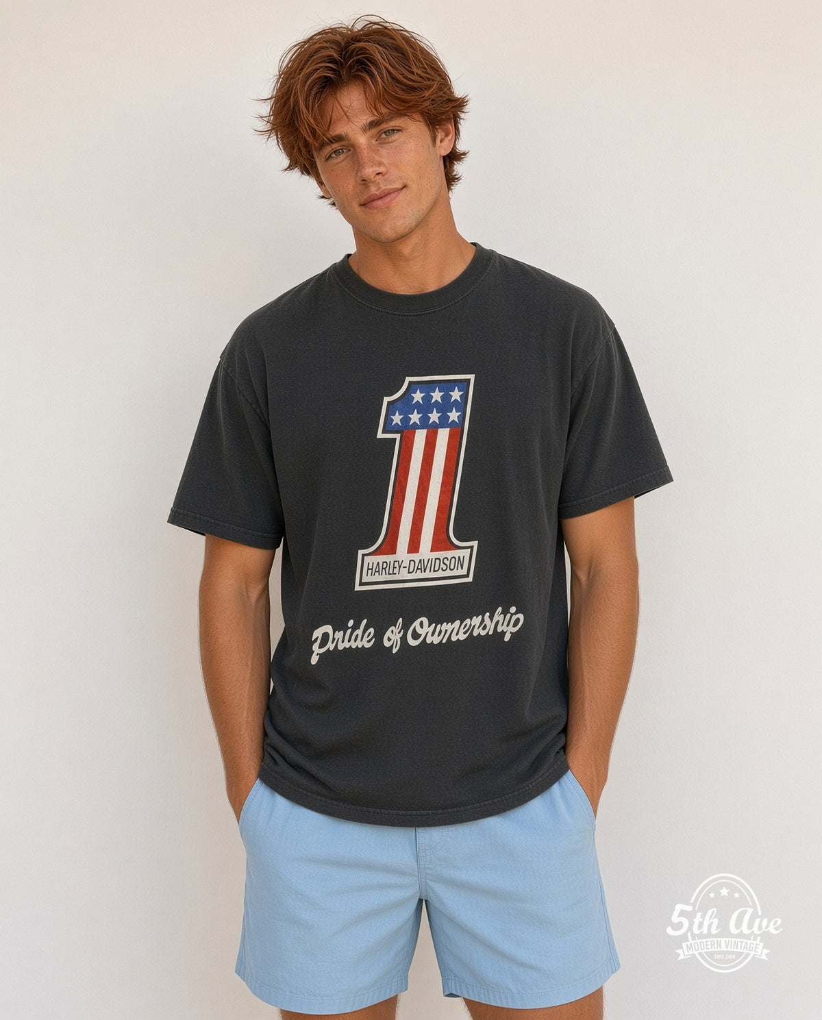 Model wearing the Harley-Davidson Pride of Ownership graphic tee in black