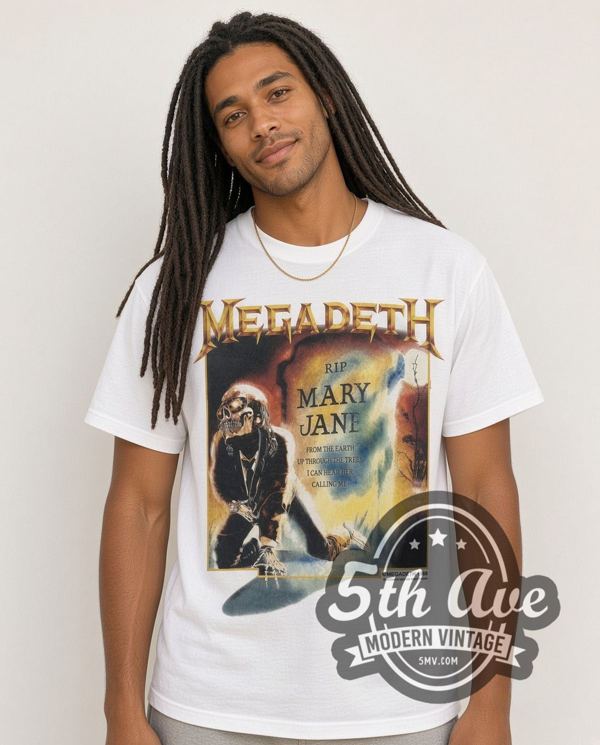 Model wearing the Megadeth Mary Jane vintage band t-shirt in white