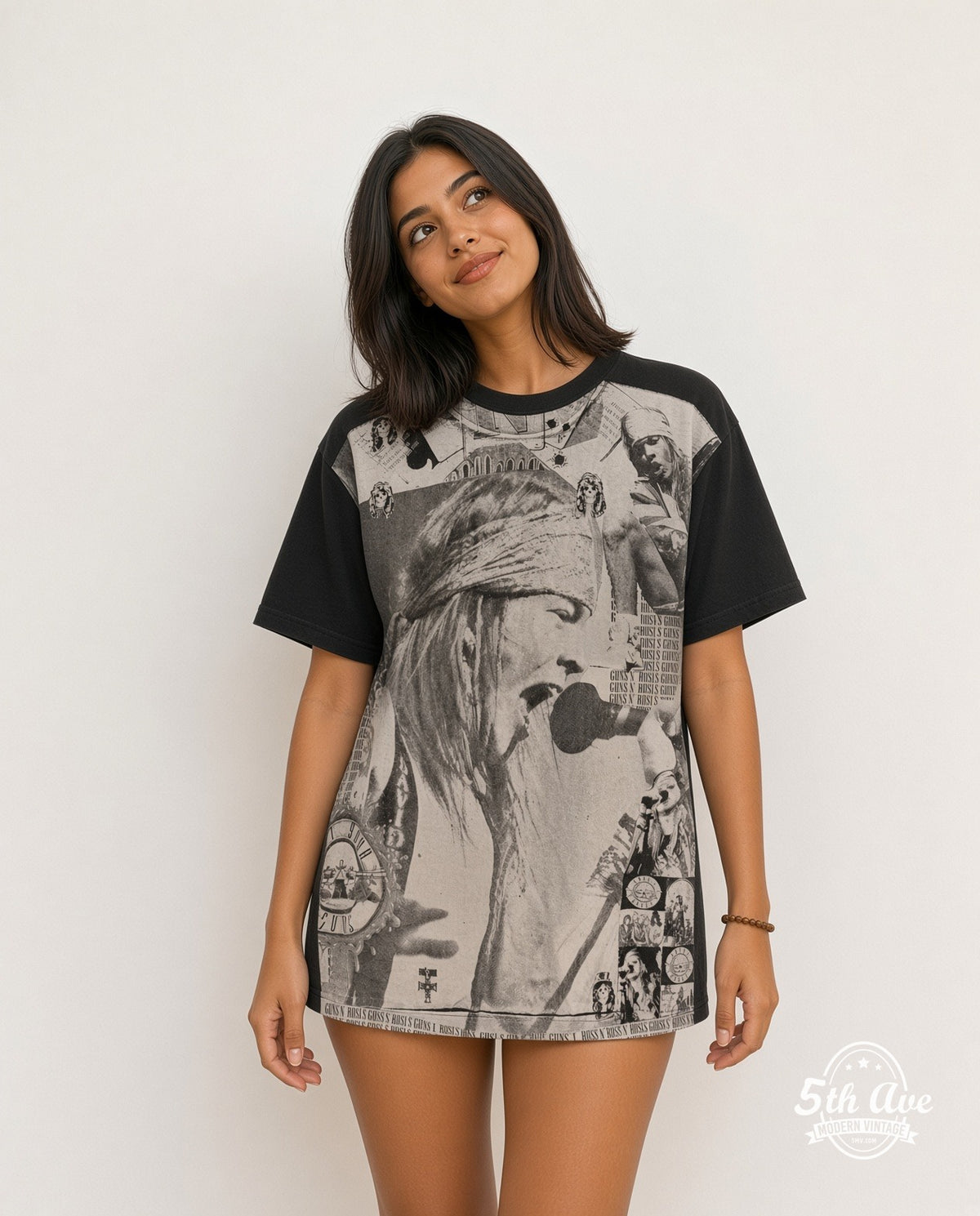 Model wearing the Guns N' Roses Axl Rose all-over-print vintage band t-shirt in black