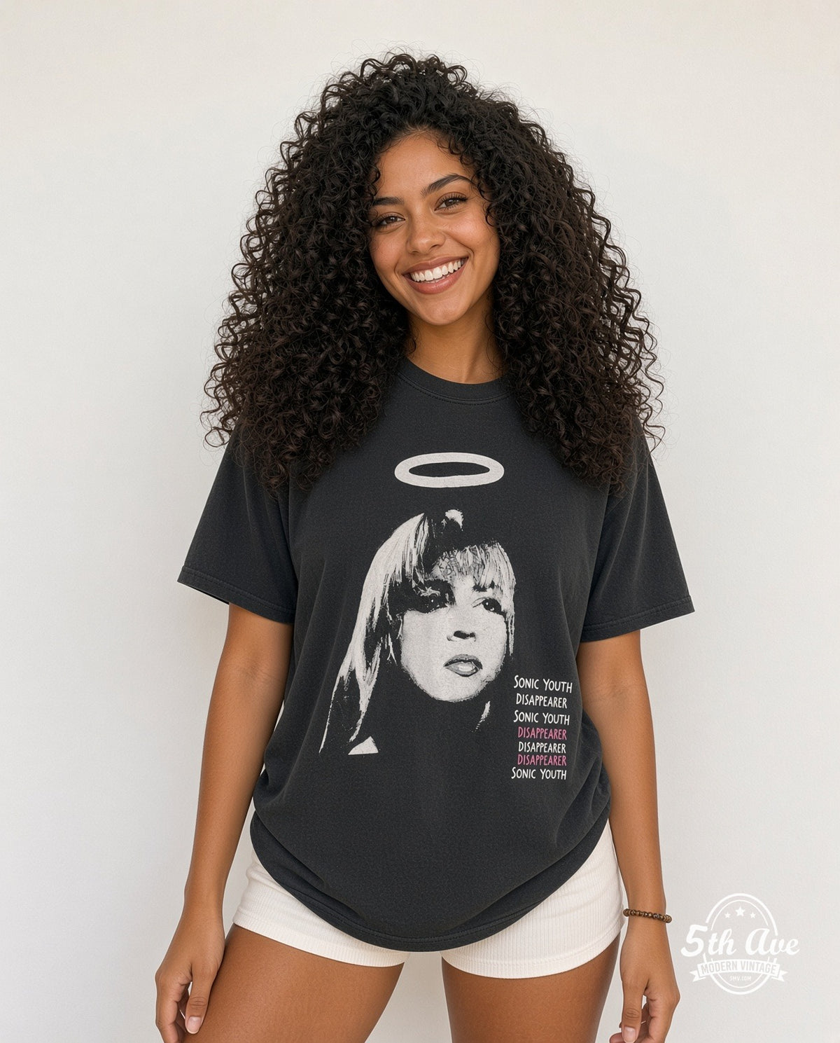 Model wearing the Sonic Youth Disappearer vintage band t-shirt in black