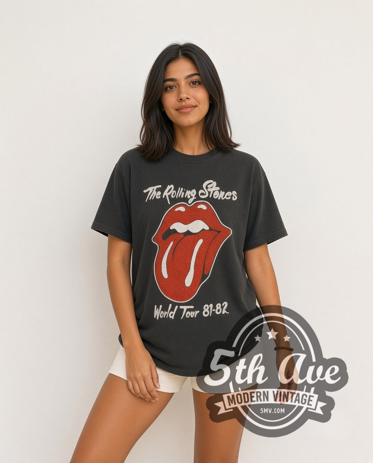 Model wearing The Rolling Stones World Tour 1981-1982 vintage band t-shirt in black