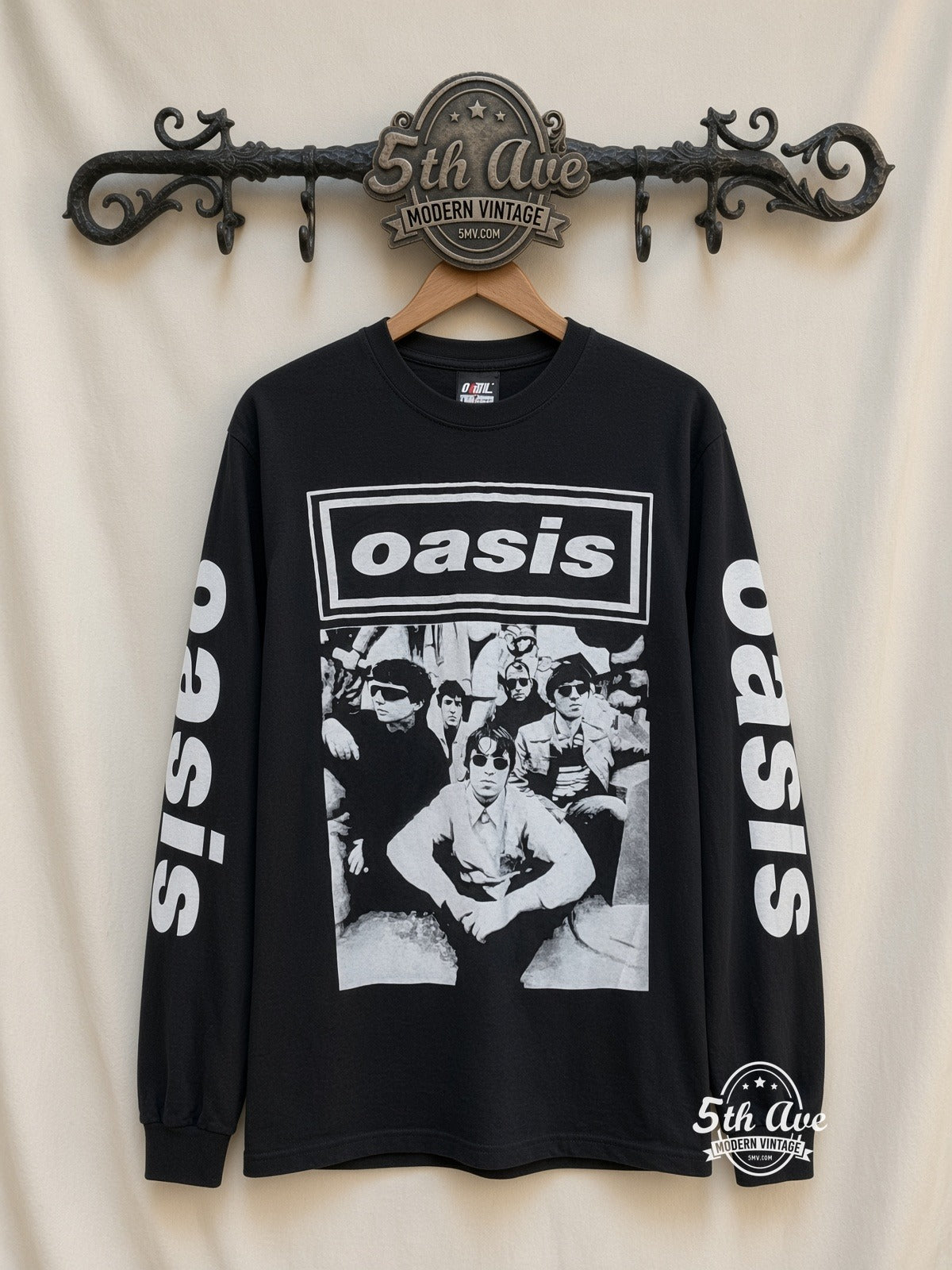 ETS LS 11 Oasis Band Photo long sleeve vintage tee on rack, front