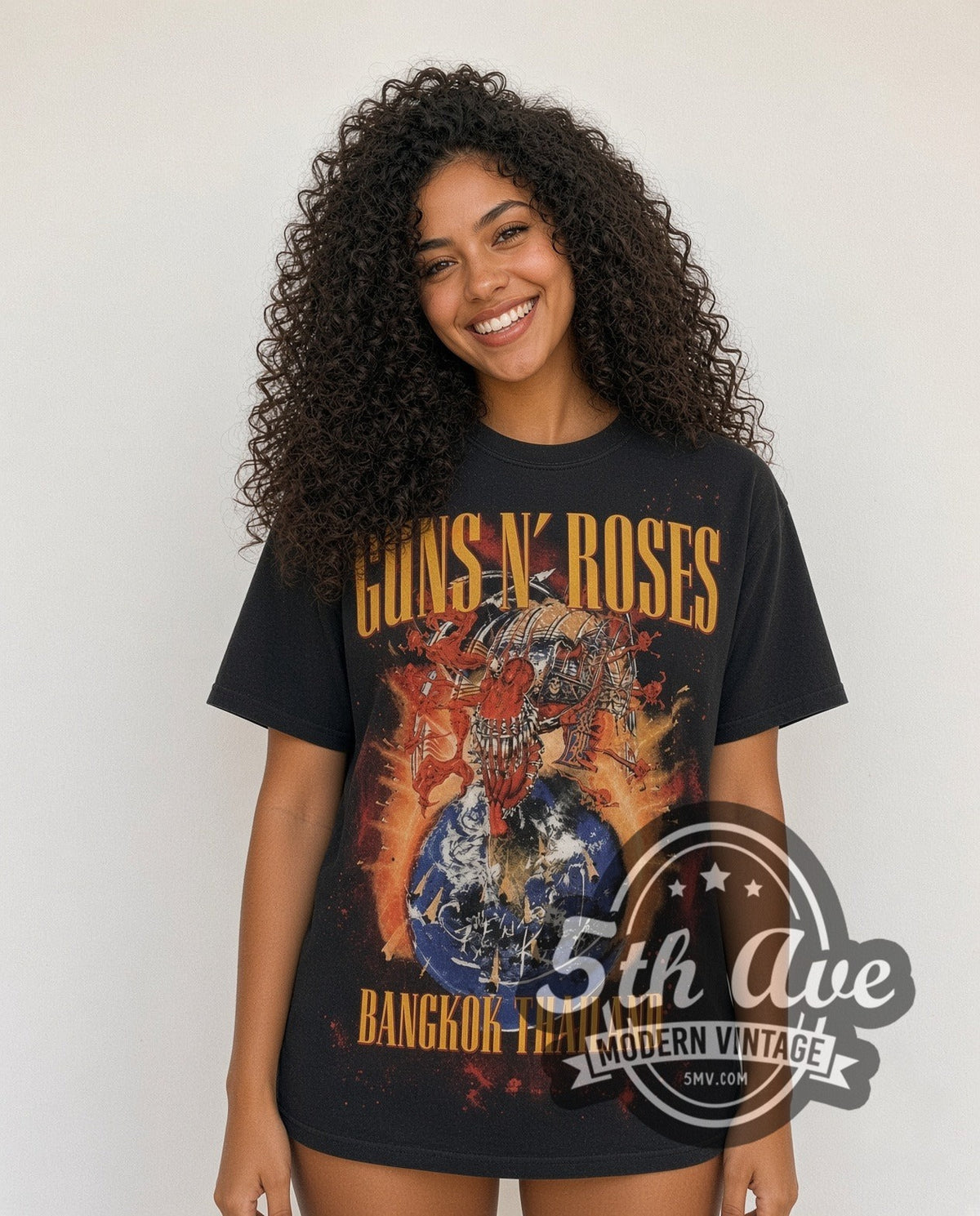 Model wearing the Guns N' Roses Bangkok World Tour 2025 all-over-print vintage band t-shirt