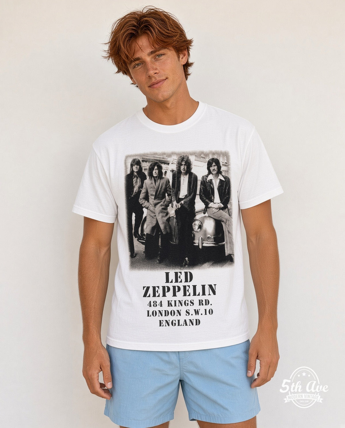 Model wearing Led Zeppelin 484 Kings Rd London White vintage band tee
